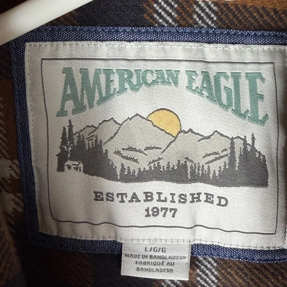 American Eagle Outfitters Brown and Navy Plaid Button-Down Shirt